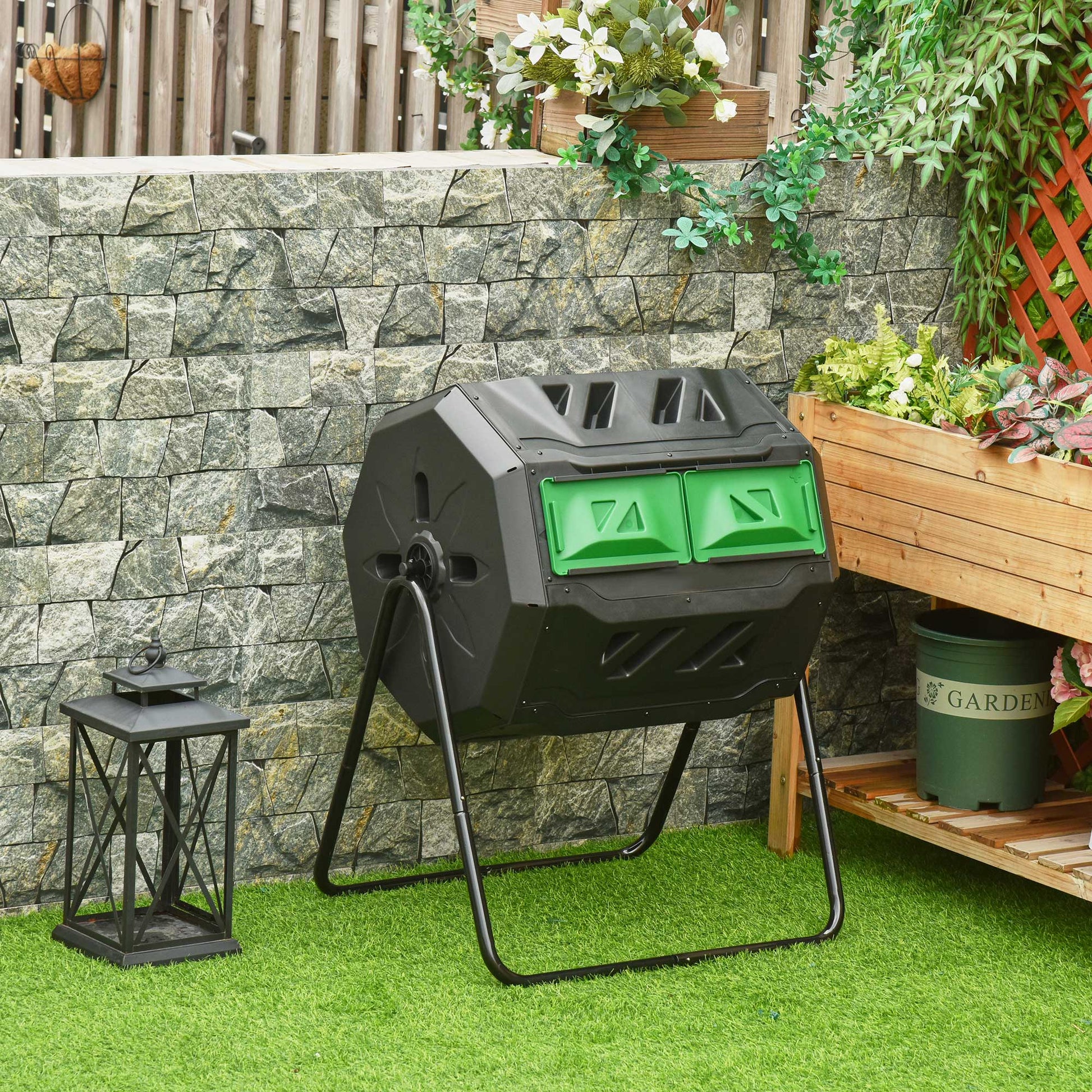 Outsunny Compostador Giratorio De 160l Doble Cámara 71x65x96 Cm Negro_1