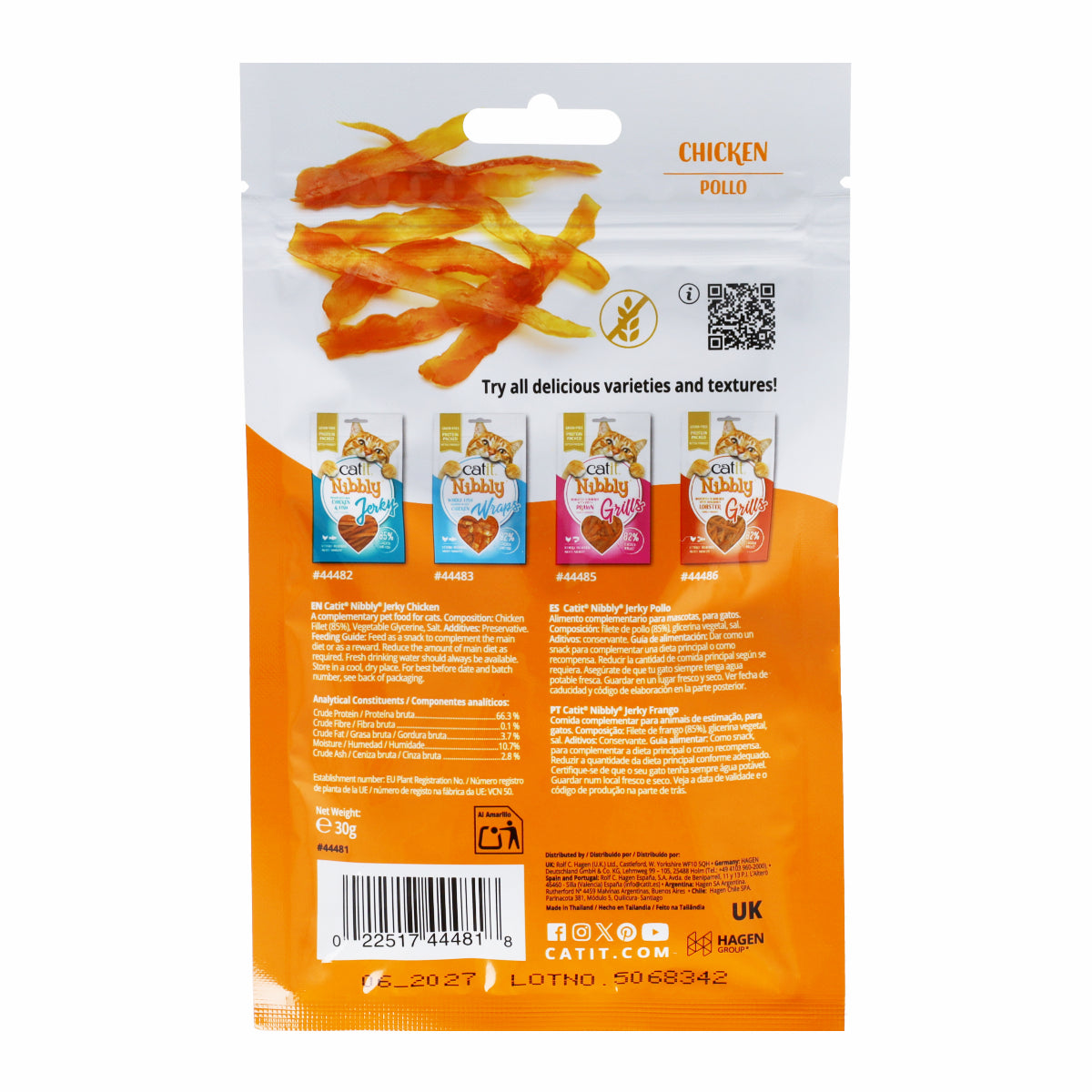 Snack tipo jerky para gatos sabor pollo Nibbly 30 g Catit