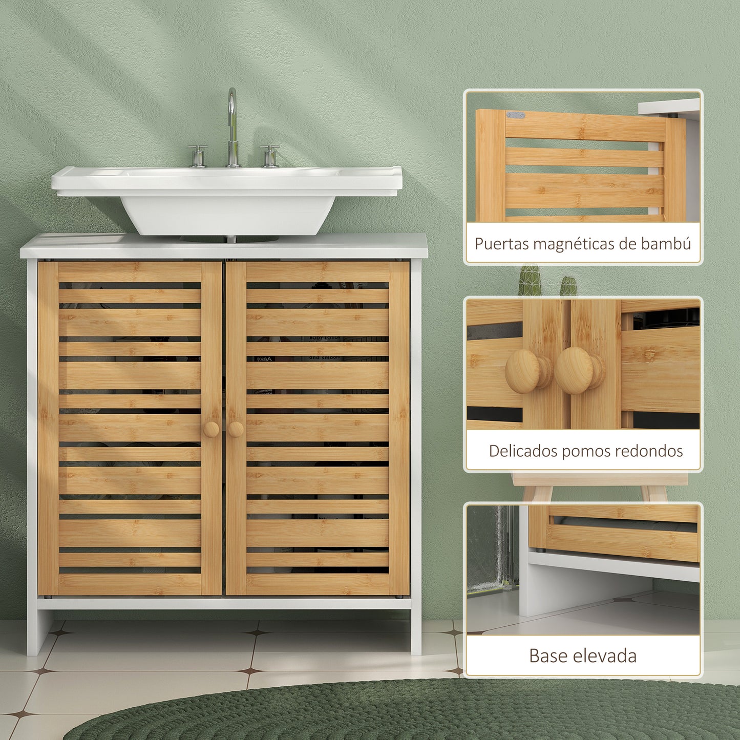 Homcom Conjunto De 1 Mueble Bajo Lavabo Y 1 Columna De Baño Blanco Y Natural_5