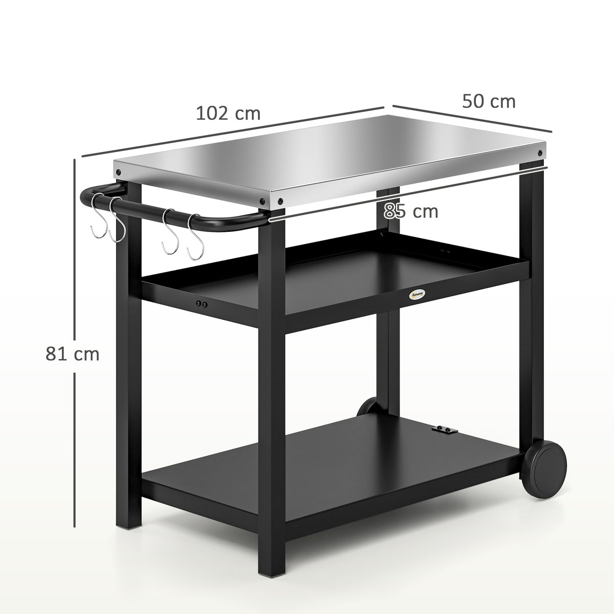 Outsunny Carrito De Parrilla De 3 Niveles Con 2 Ruedas Estantes Y Asa Gris_2