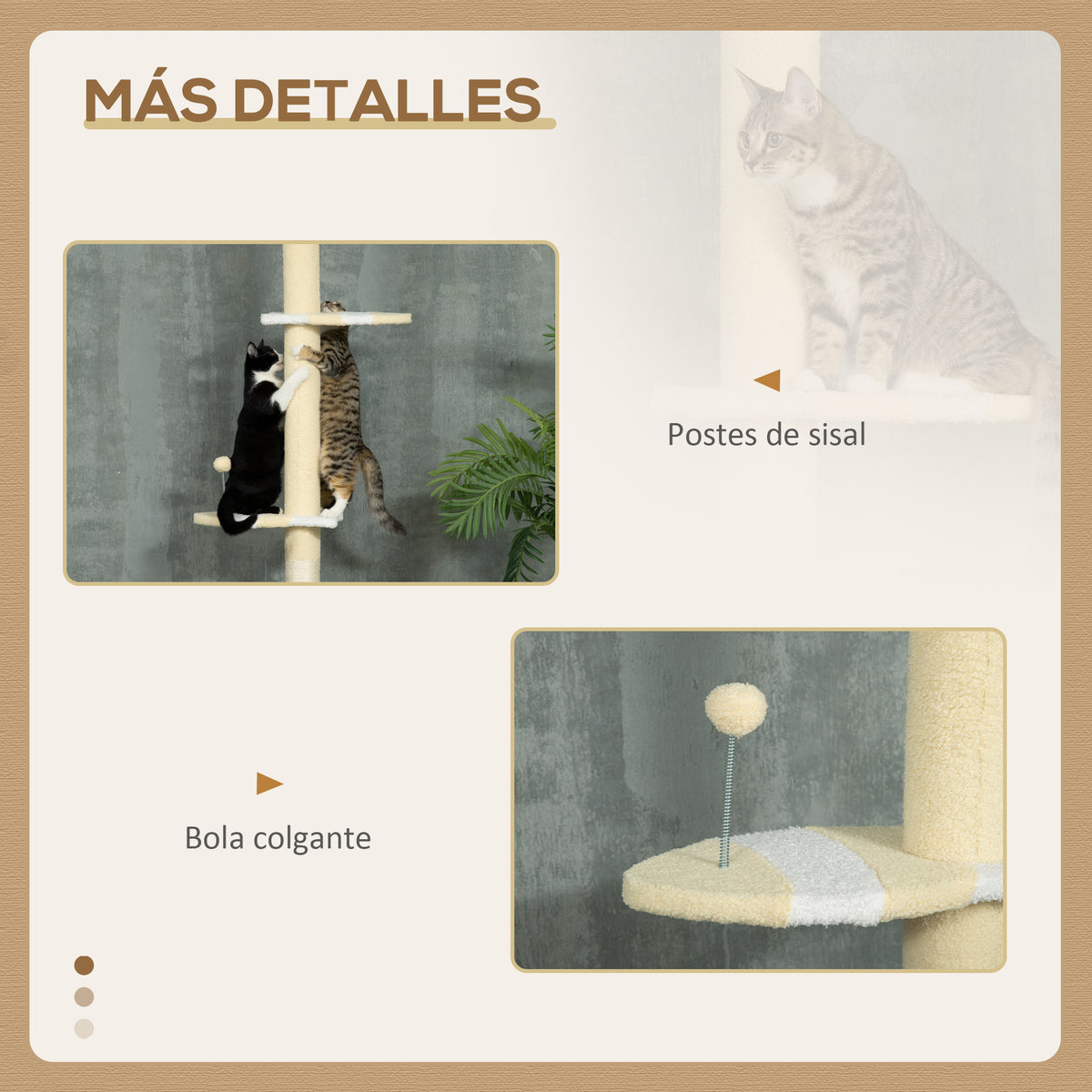 Pawhut Árbol Para Gatos Del Suelo Al Techo 220-260 Cm Con 3 Plataformas Y Bola_5