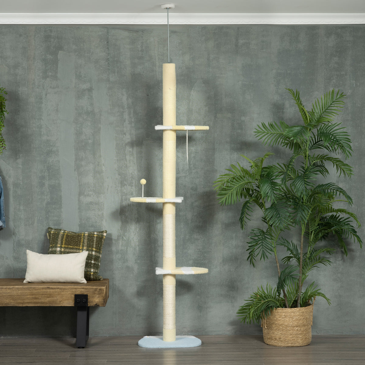 Pawhut Árbol Para Gatos Del Suelo Al Techo 220-260 Cm Con 3 Plataformas Y Bola_1