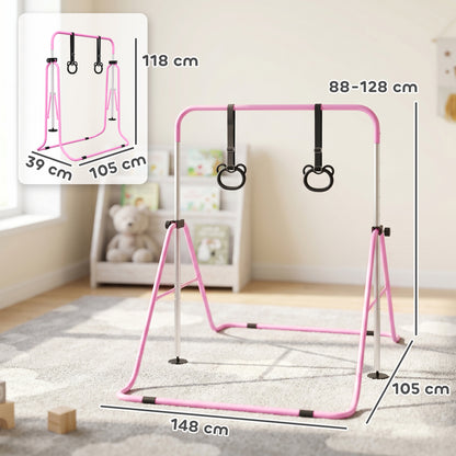 Homcom Barra De Gimnasia Para Niños Con Altura Ajustable En 5 Niveles Y Anillos_2