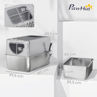 Pawhut Arenero Para Gatos De Acero Inoxidable Xl Con Pala Fácil De Limpiar Plata_2