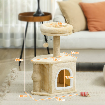 Pawhut Árbol Rascador Para Gatos Altura 66 Cm Con Cama Poste De Yute Beige_2