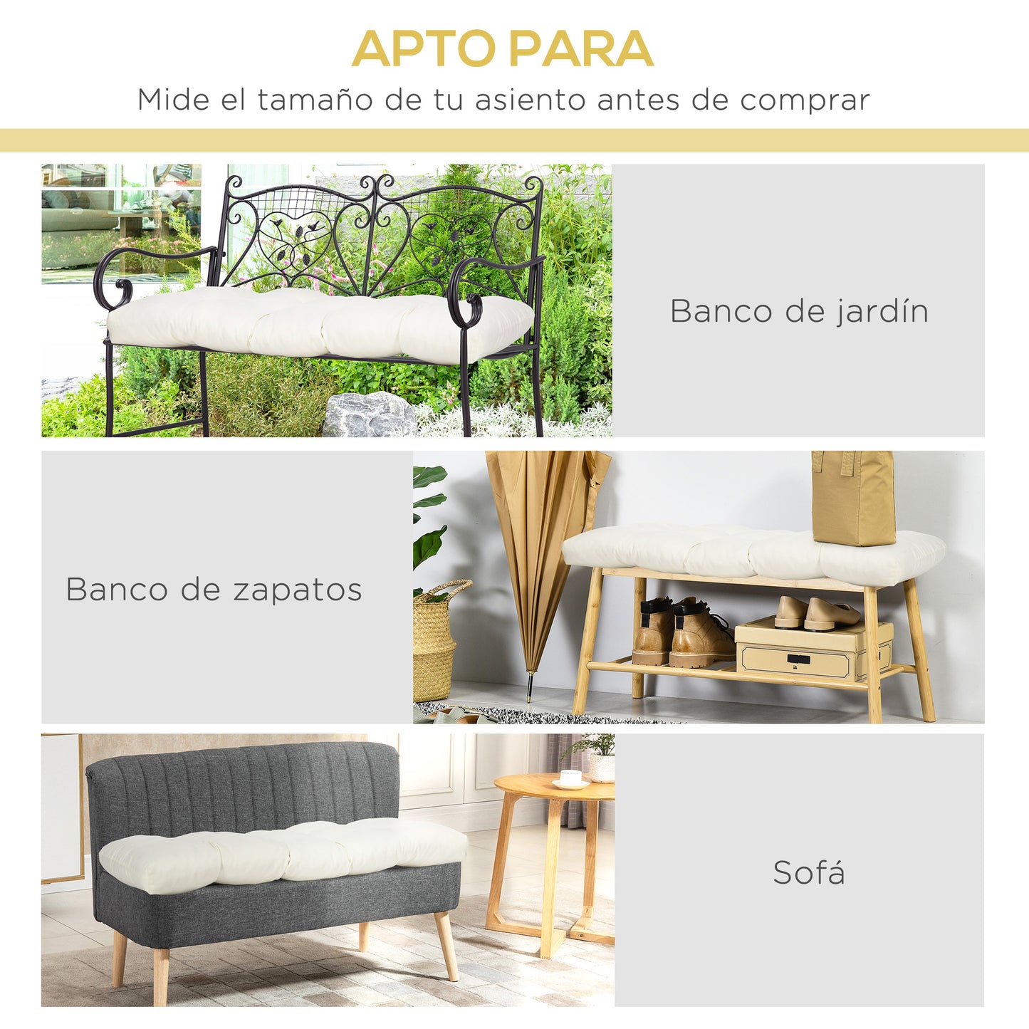 Outsunny Cojín Para Banco 2 Plazas 110x48x8 Cm Para Interiores Exteriores Crema_5