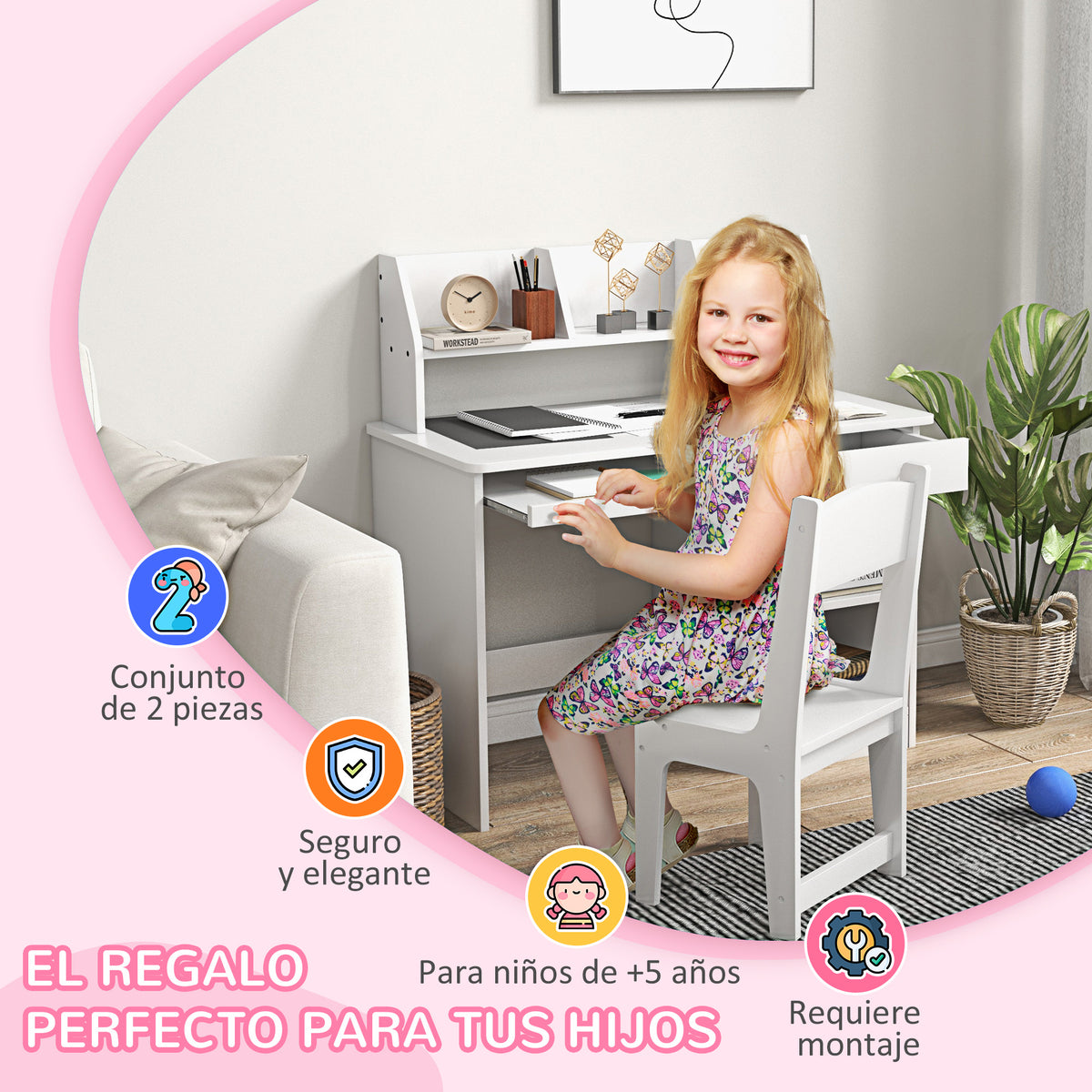Conjunto De Secretária E Cadeira Para Crianças Zonekiz Mdf Branco 90x45x90 Cm 312-107v80wt_5