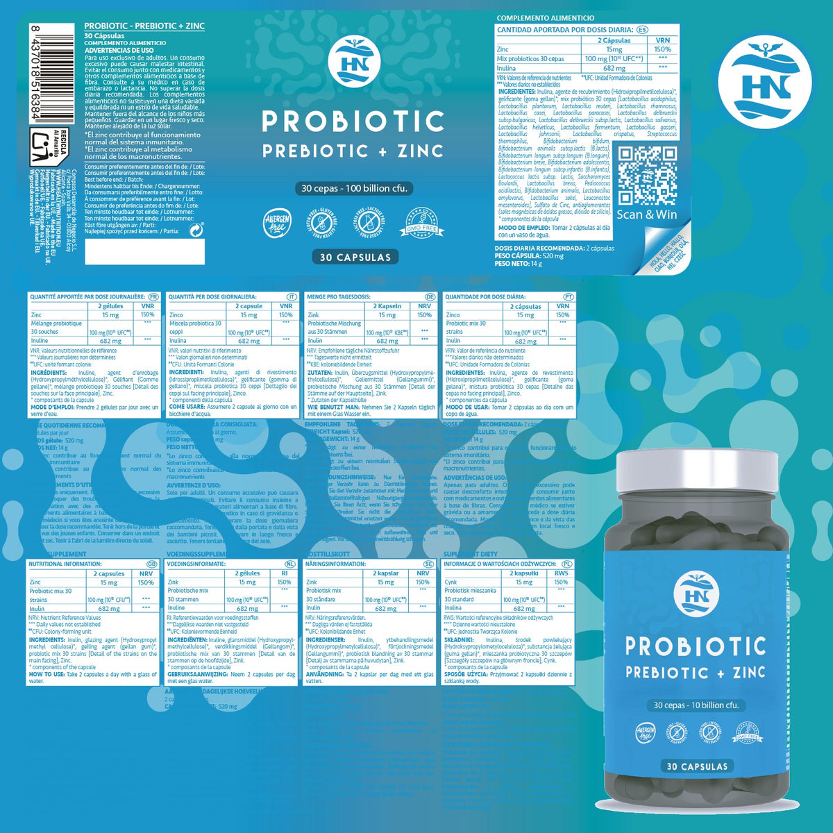 Probióticos Y Prebióticos Intestinales Con Zinc Pack 2 X 30 Cápsulas (60 Cápsulas) - 30 Cepas Bacterianas Hn_2