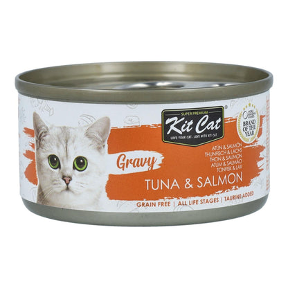 Pack 24x Kit Cat Lata Gravy - Atún &amp; Salmón 70 g Comida húmeda para gatos en salsa