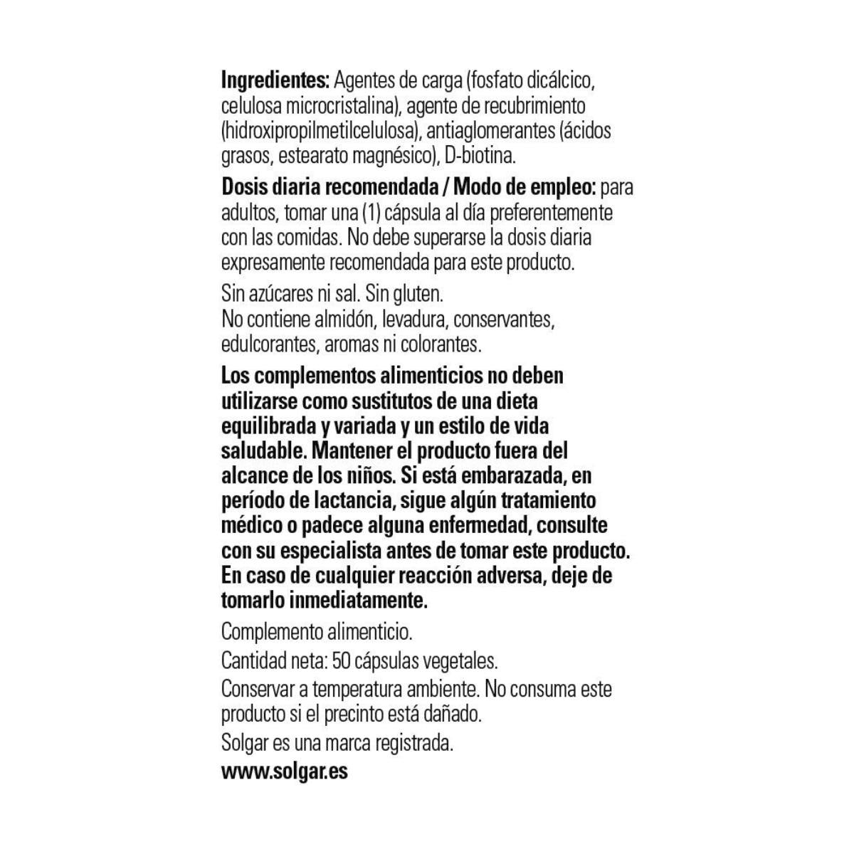 Biotina 1000 μg Solgar 50 cápsulas vegetales
