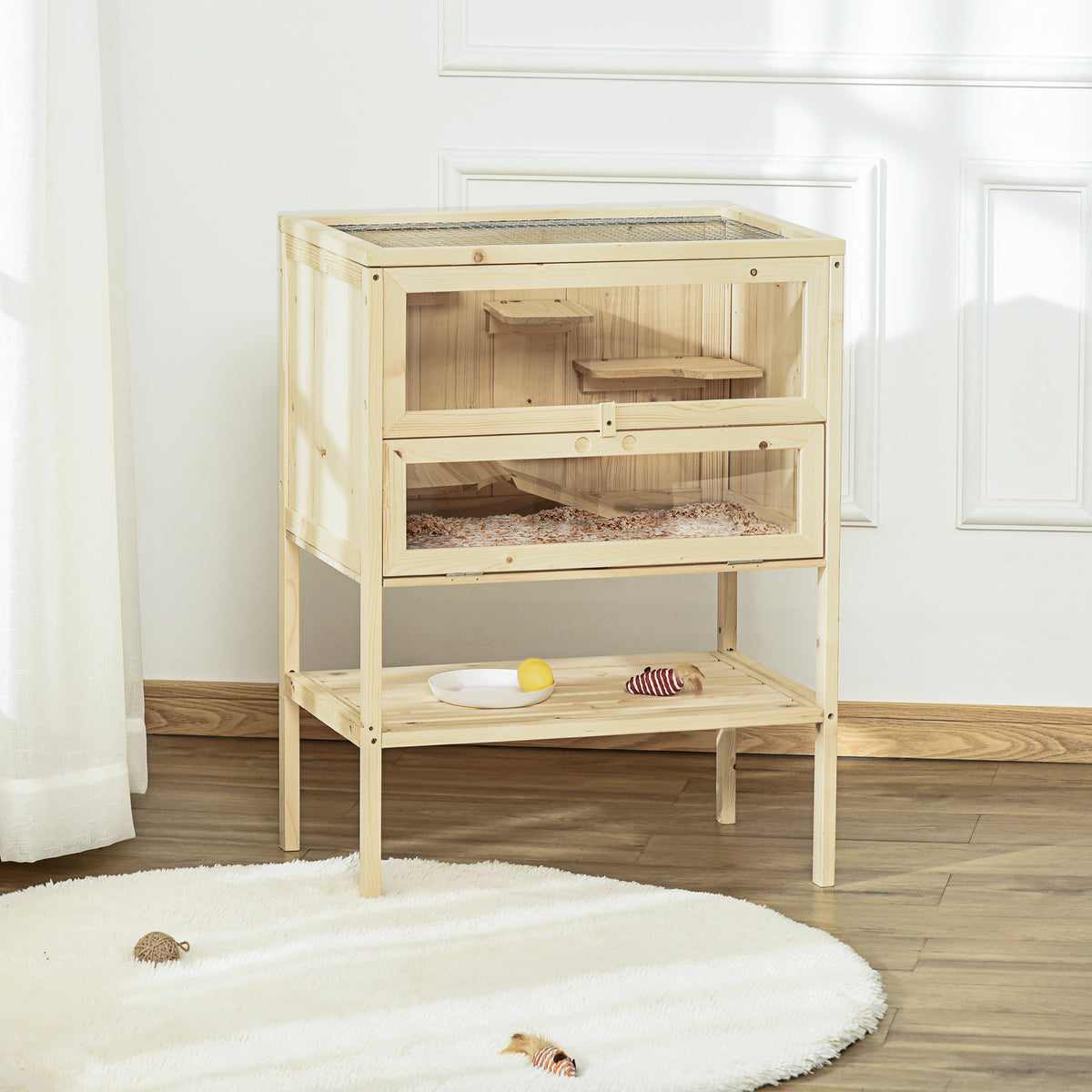 Pawhut Jaula De Madera Para Hámster Con Rampa Techo Abatible Estante Inferior_1