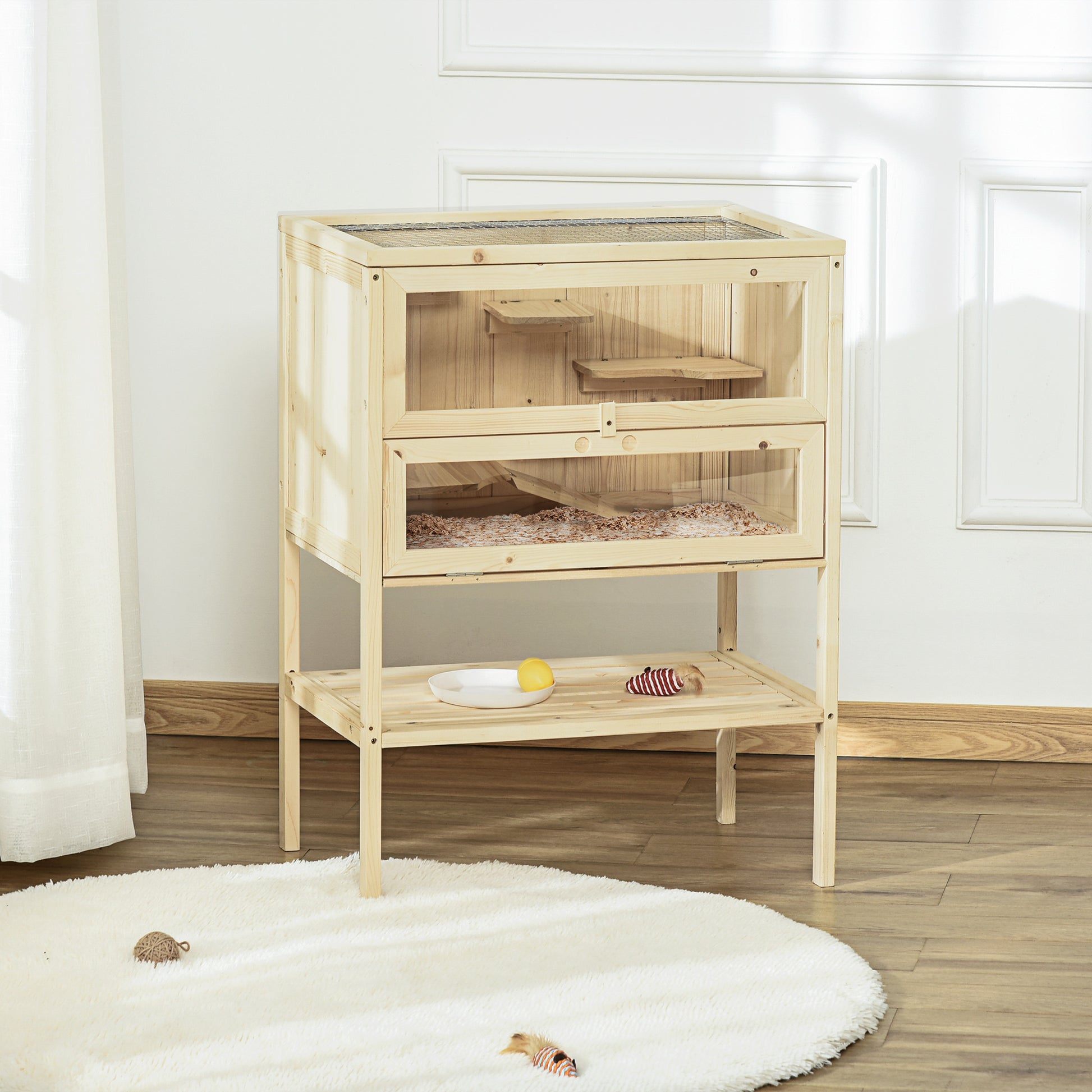 Pawhut Jaula De Madera Para Hámster Con Rampa Techo Abatible Estante Inferior_1