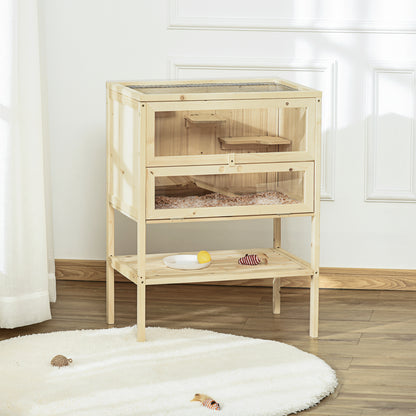 Pawhut Jaula De Madera Para Hámster Con Rampa Techo Abatible Estante Inferior_1