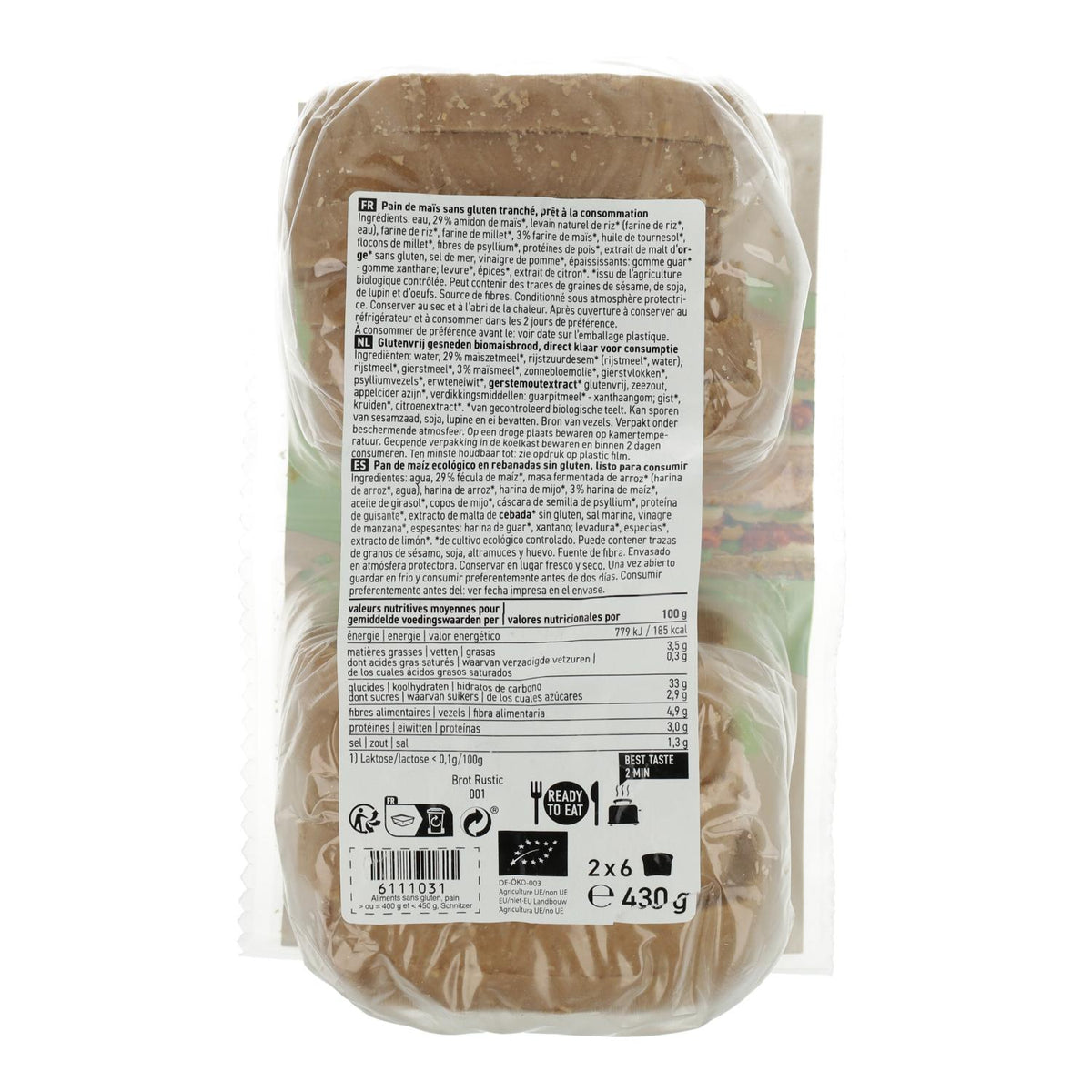 Pan de molde Rebanadas de Maíz Ecológico Sin gluten Schnitzer 430 g
