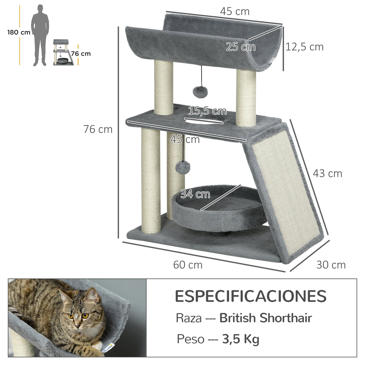 Pawhut Rascador Para Gatos Altura 76 Cm Con Plataforma En U Gris Claro_2