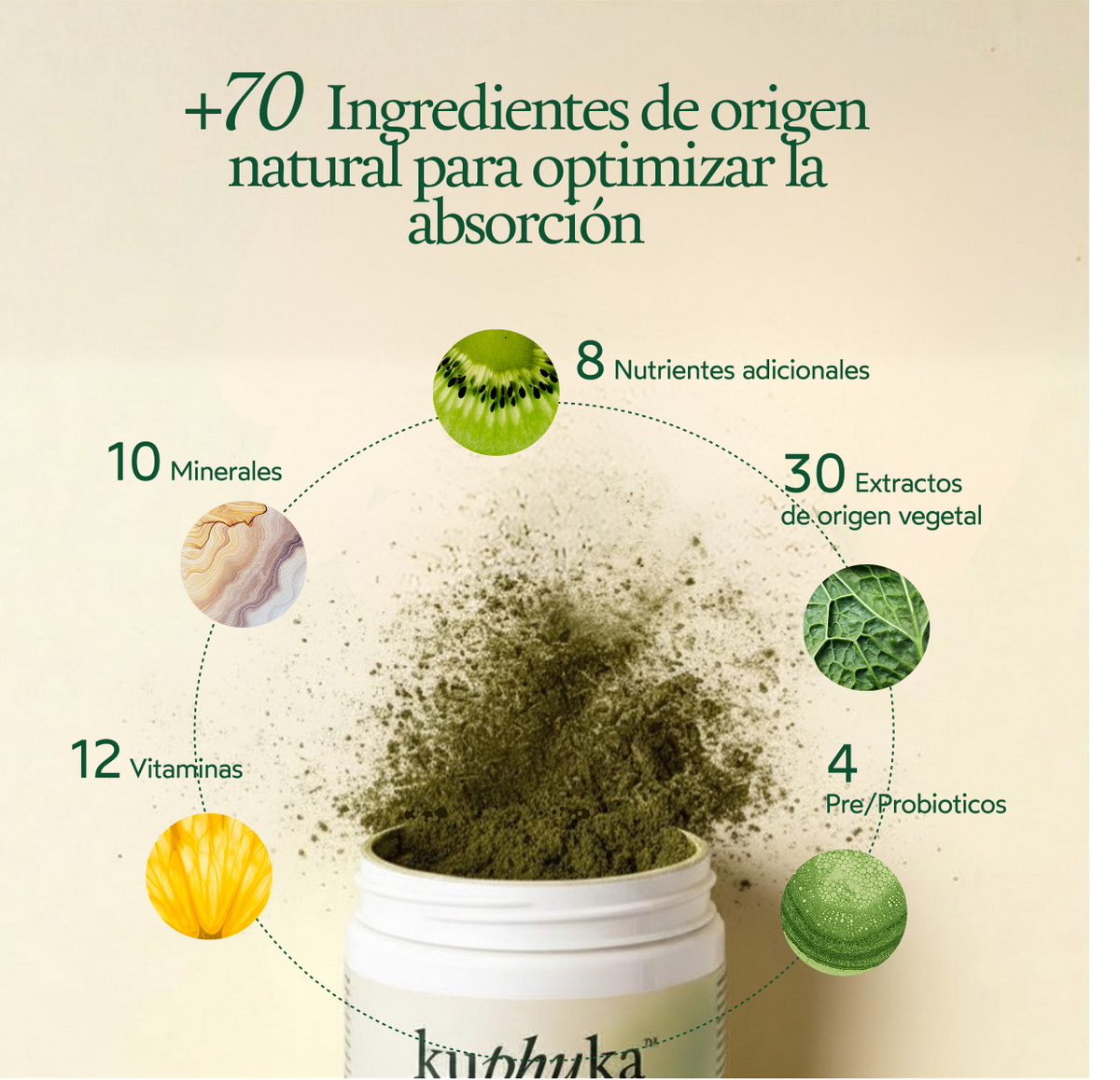 Greens en Polvo con Más de 70 Ingredientes, 30 Dosis, Sabor Piña/Coco, 411 g Kuphuka_2