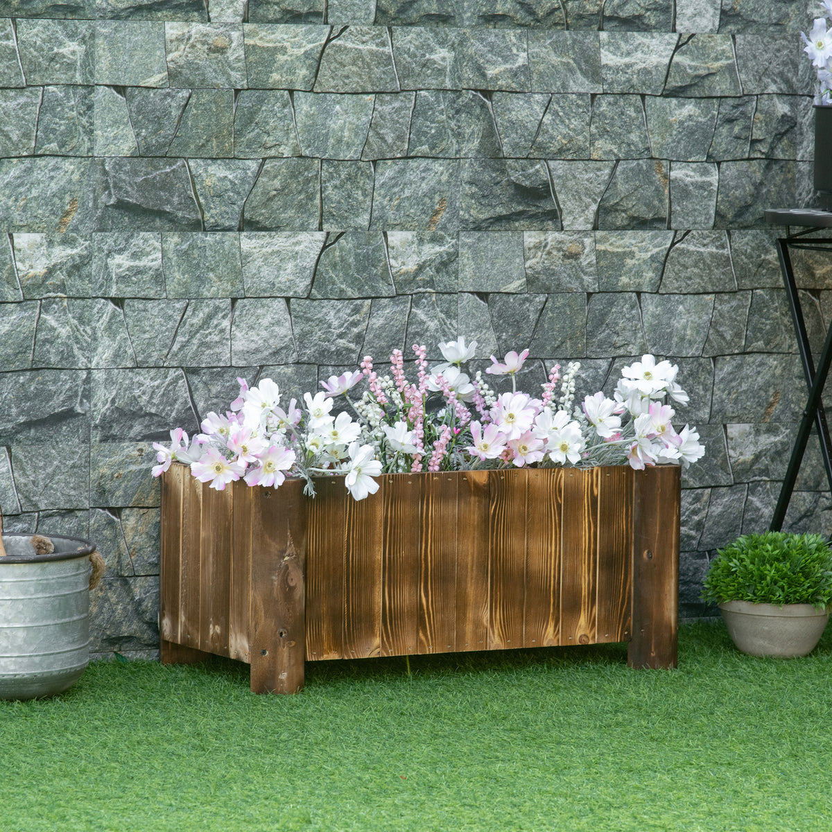 Outsunny Jardinera De Madera Arriate De Jardín Con 4 Patas 70x35x30 Cm Natural_1
