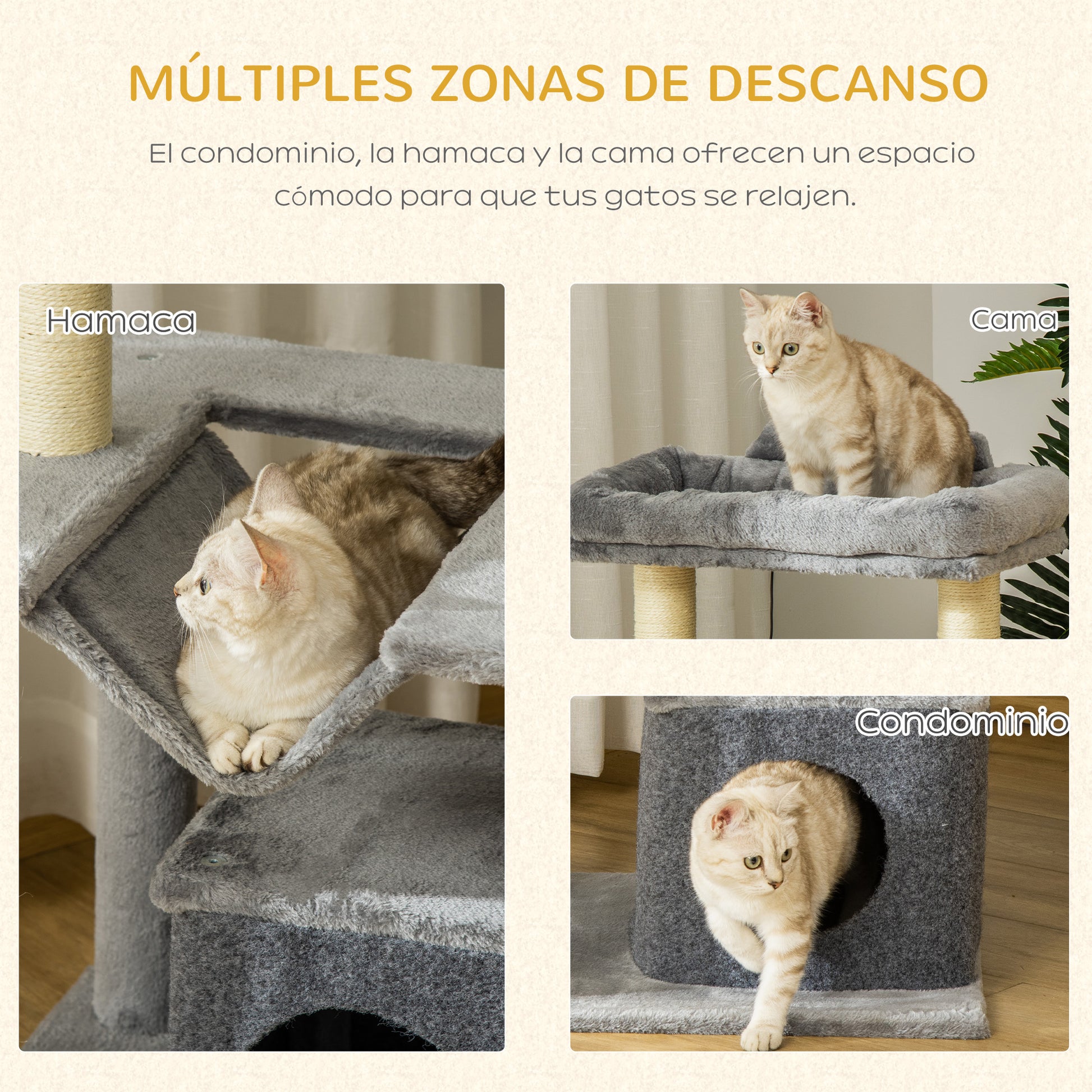 Pawhut Árbol Rascador Para Gatos Altura 90 Cm De 3 Niveles 48x48x90 Cm Gris_5