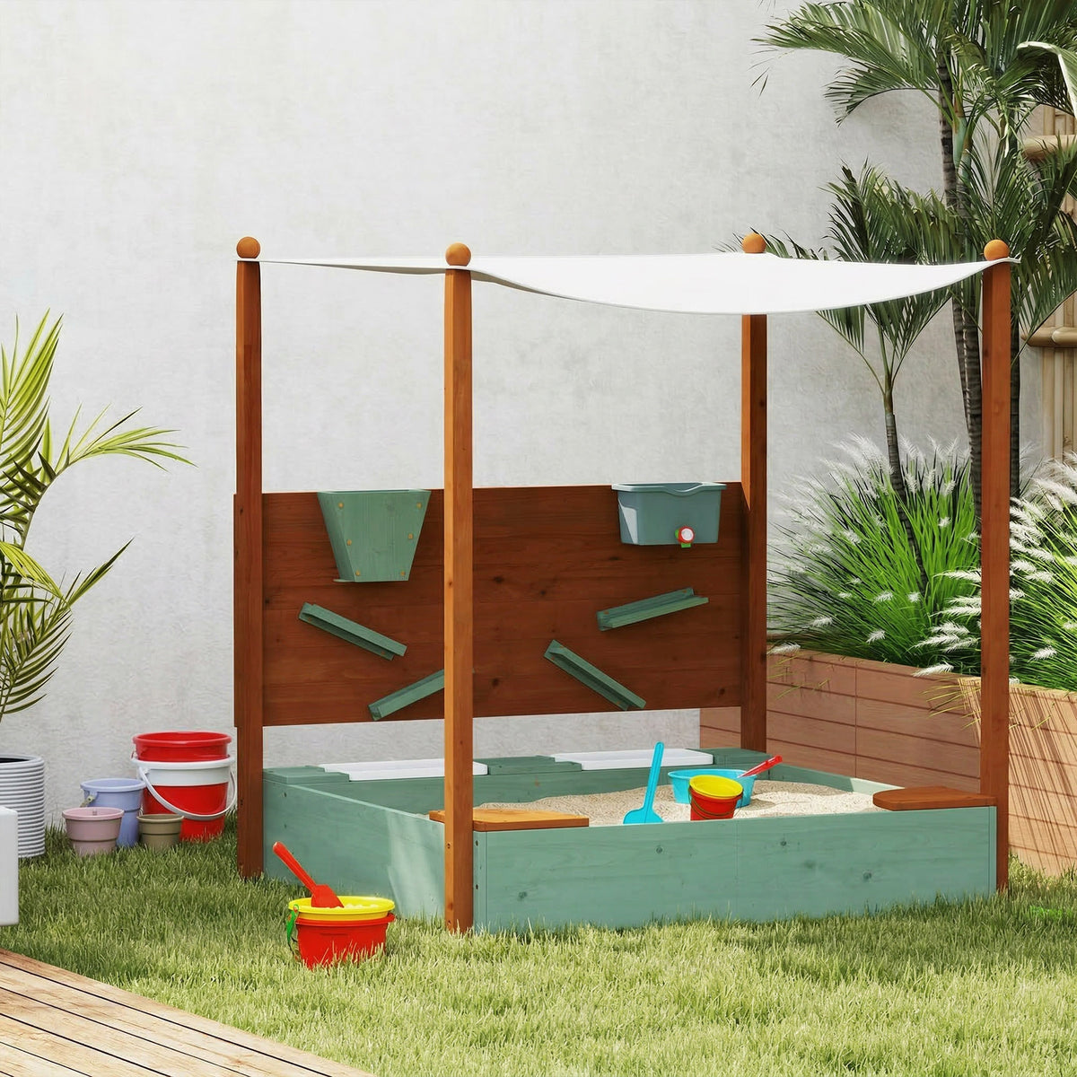 Aiyaplay Arenero Para Niños De Madera Con Techo Asientos 116x112,5x128 Cm Verde_1