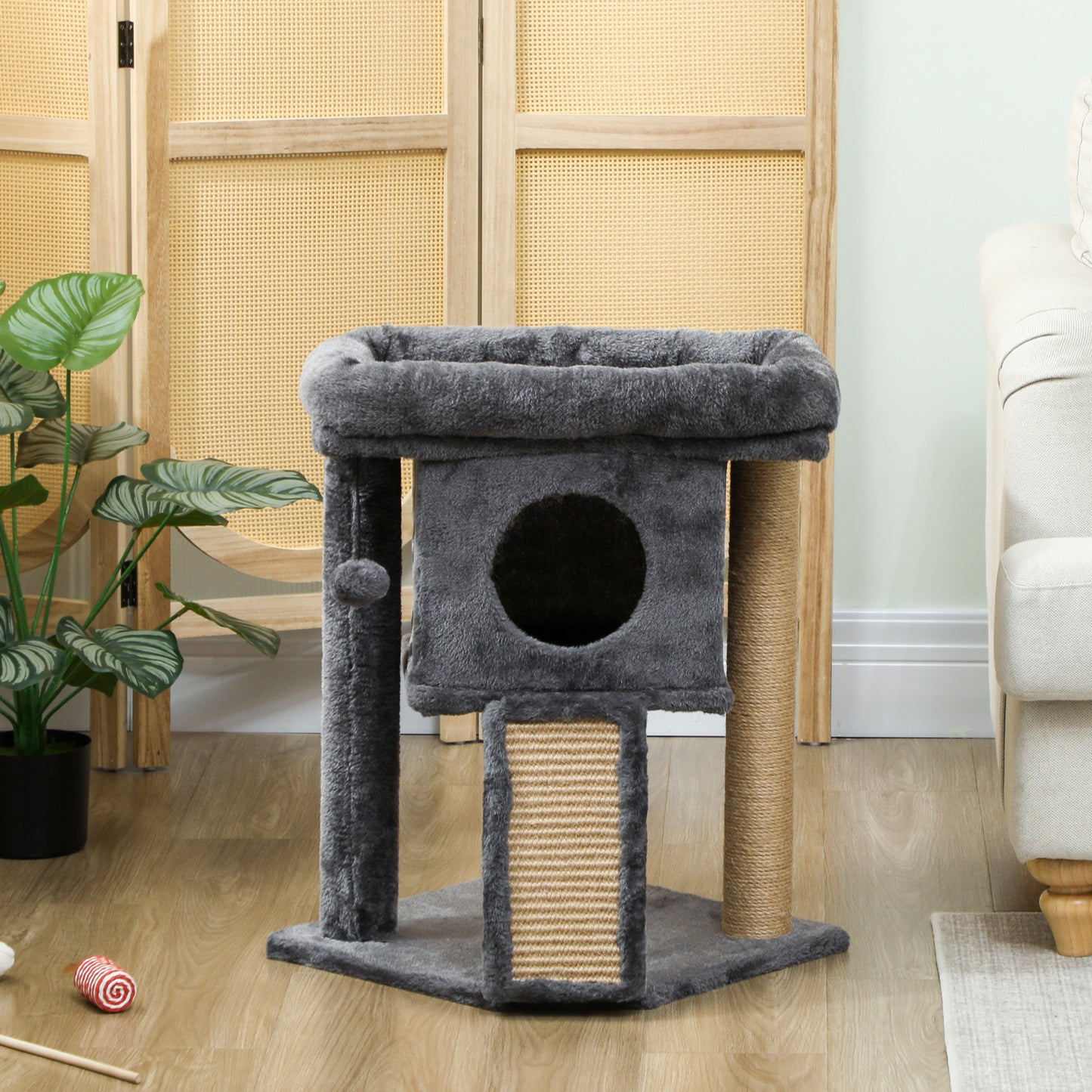 Pawhut Árbol Rascador Para Gatos Pequeños 57 Cm Con Cueva Cama Gris Oscuro_3