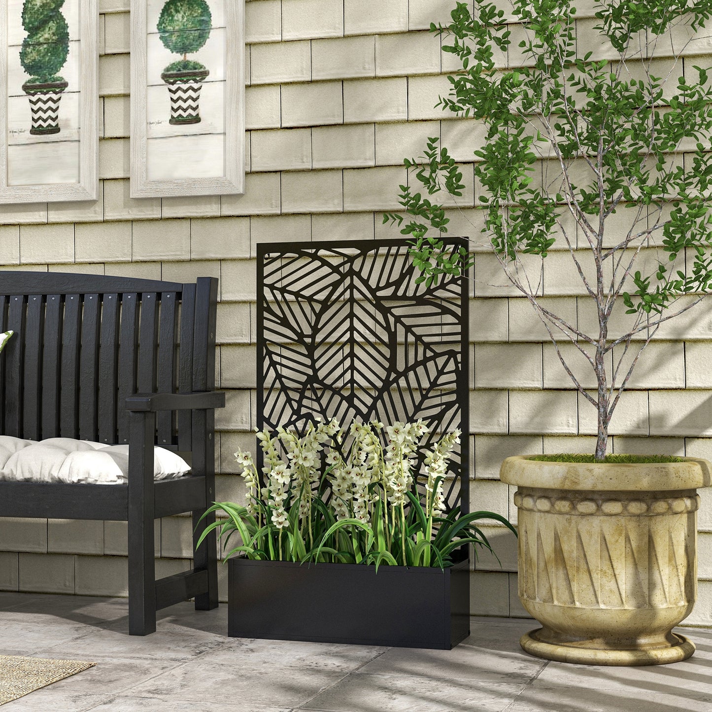 Outsunny Jardinera Con Biombo De Metal 61x23x113 Cm Negro_1