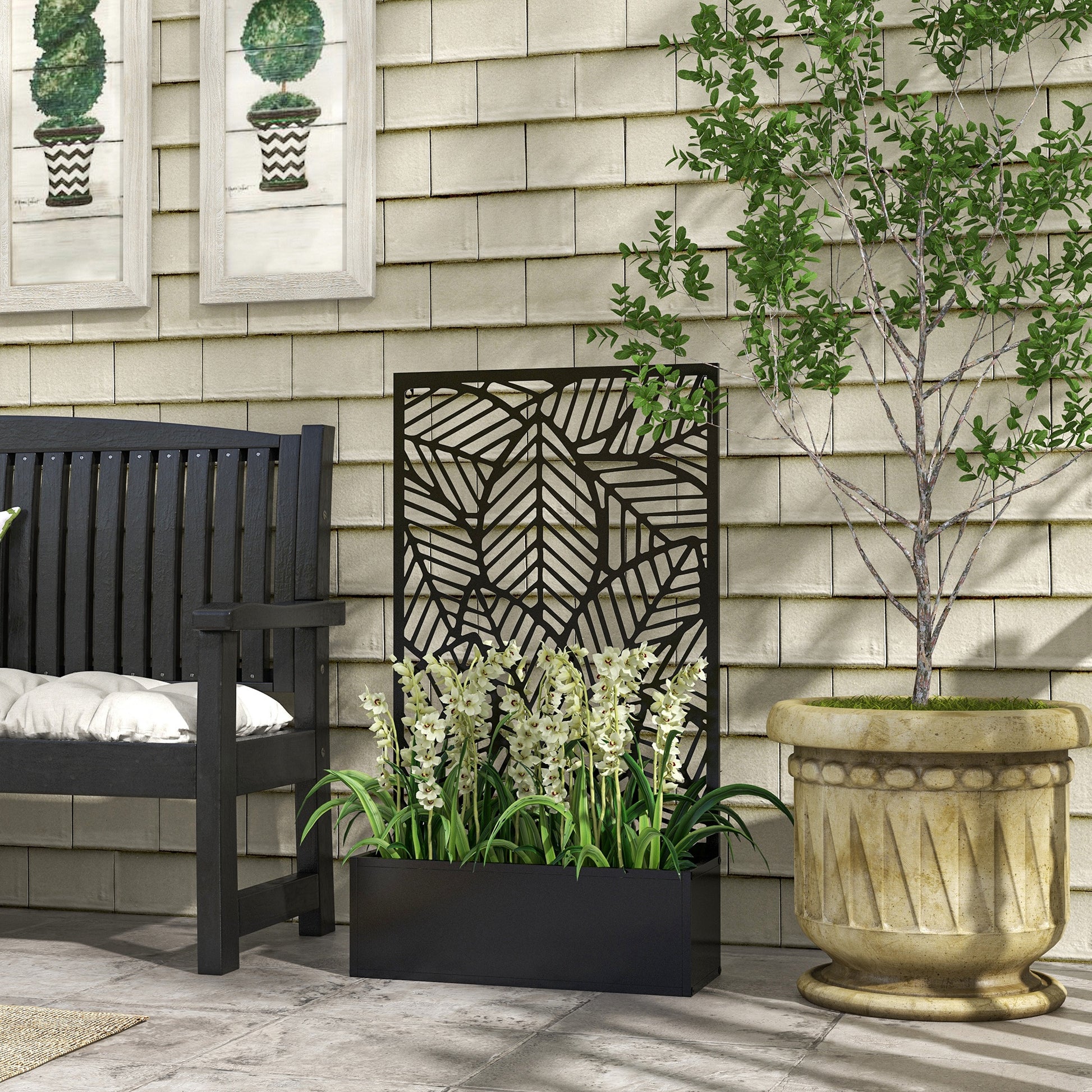 Outsunny Jardinera Con Biombo De Metal 61x23x113 Cm Negro_1