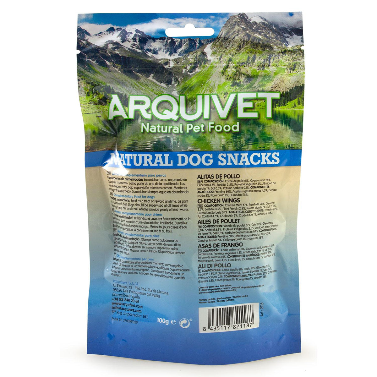 Snack natural para perros  Alitas de pollo  Arquivet 100gr