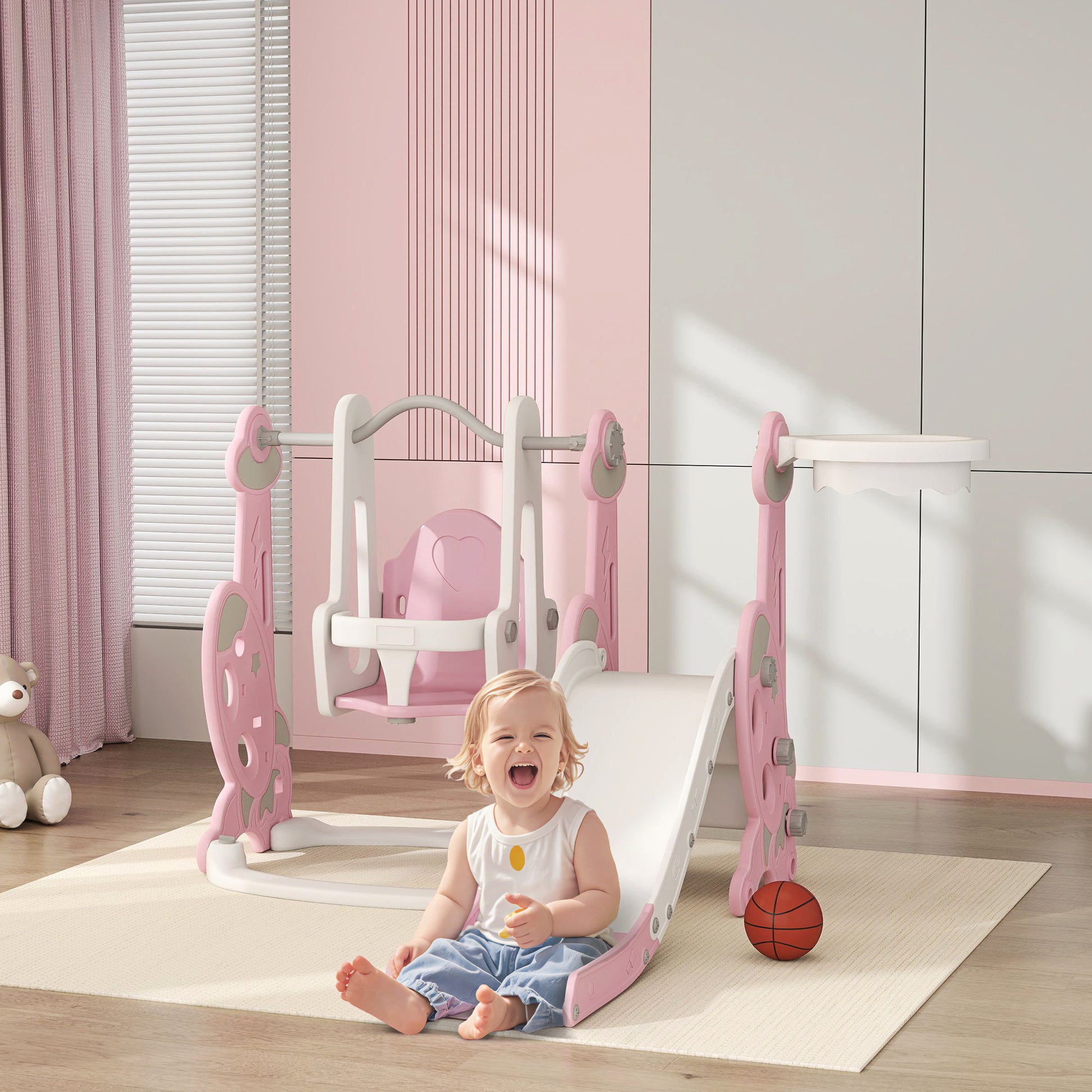 Aiyaplay Tobogán Infantil 4 En 1 Con Columpio Y Tobogán Para Interior Rosa_1