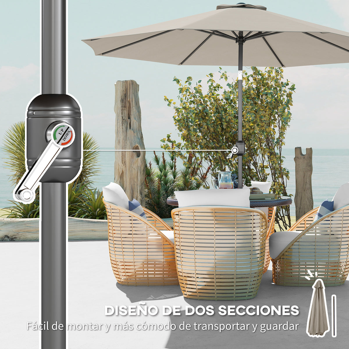 Outsunny Sombrilla De Jardín Ø295x250 Cm Con Manivela E Inclinación Gris Claro_5