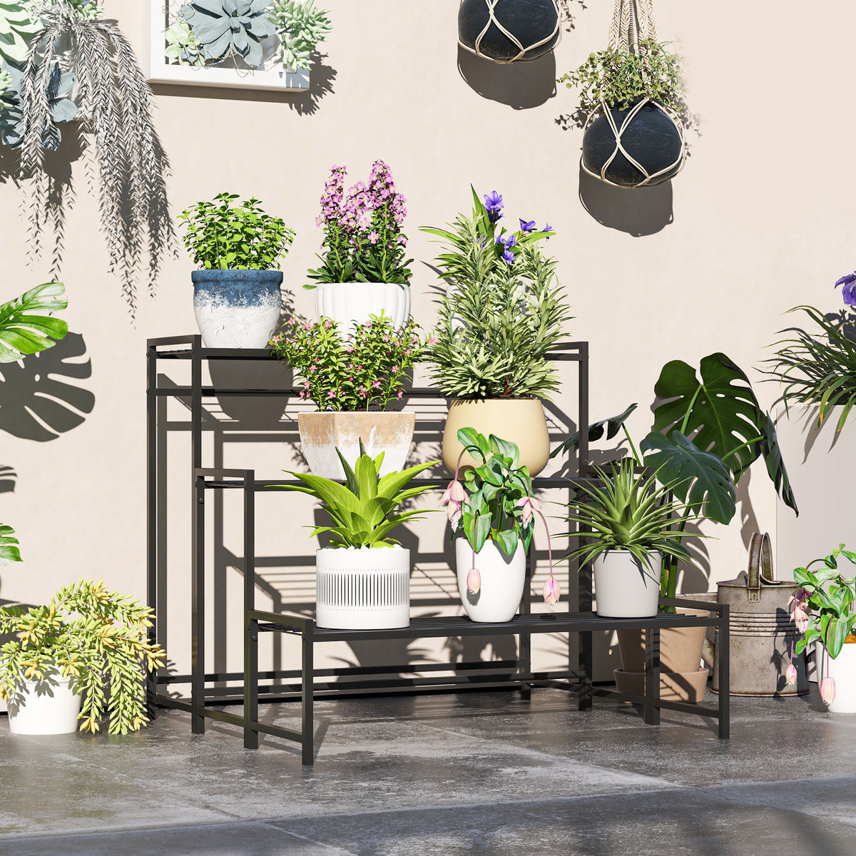 Outsunny Soporte Para Plantas De 3 Niveles Diseño En Escalera 75x70x66 Cm Negro_1
