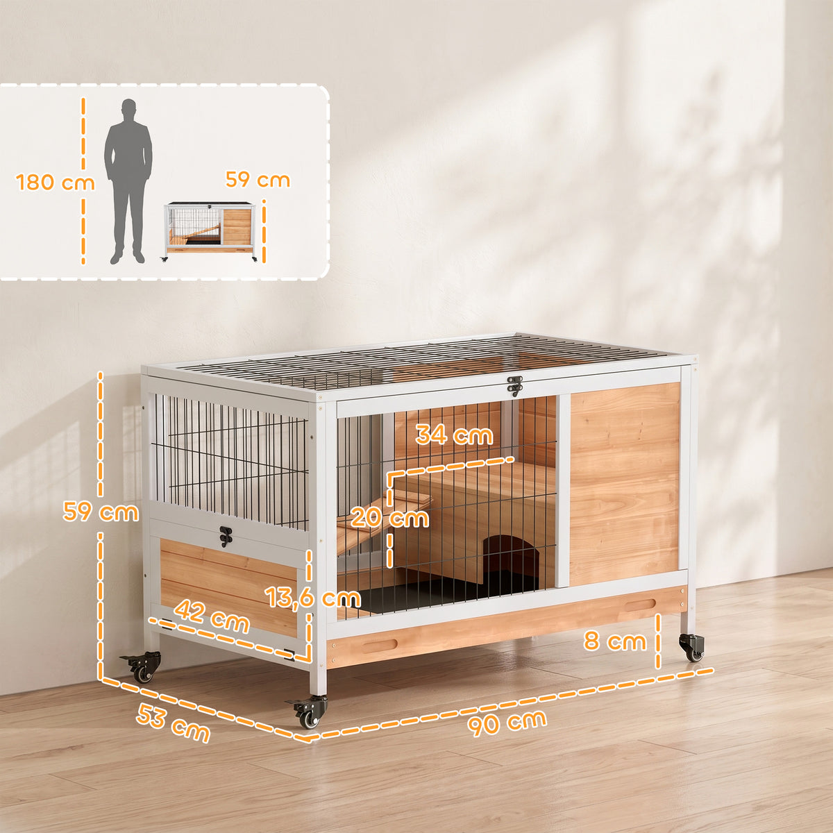 Pawhut Jaula Para Conejos De Madera 90x53x59cm Techo Abrible Rampa Bandeja_2
