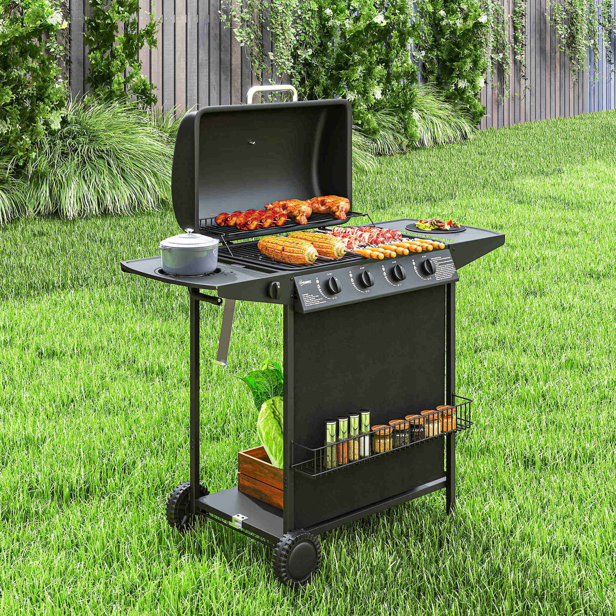 Outsunny Barbacoa De Gas Con 4+1 Quemadores 12 Kw Termómetro Mesa Lateral Negro_1