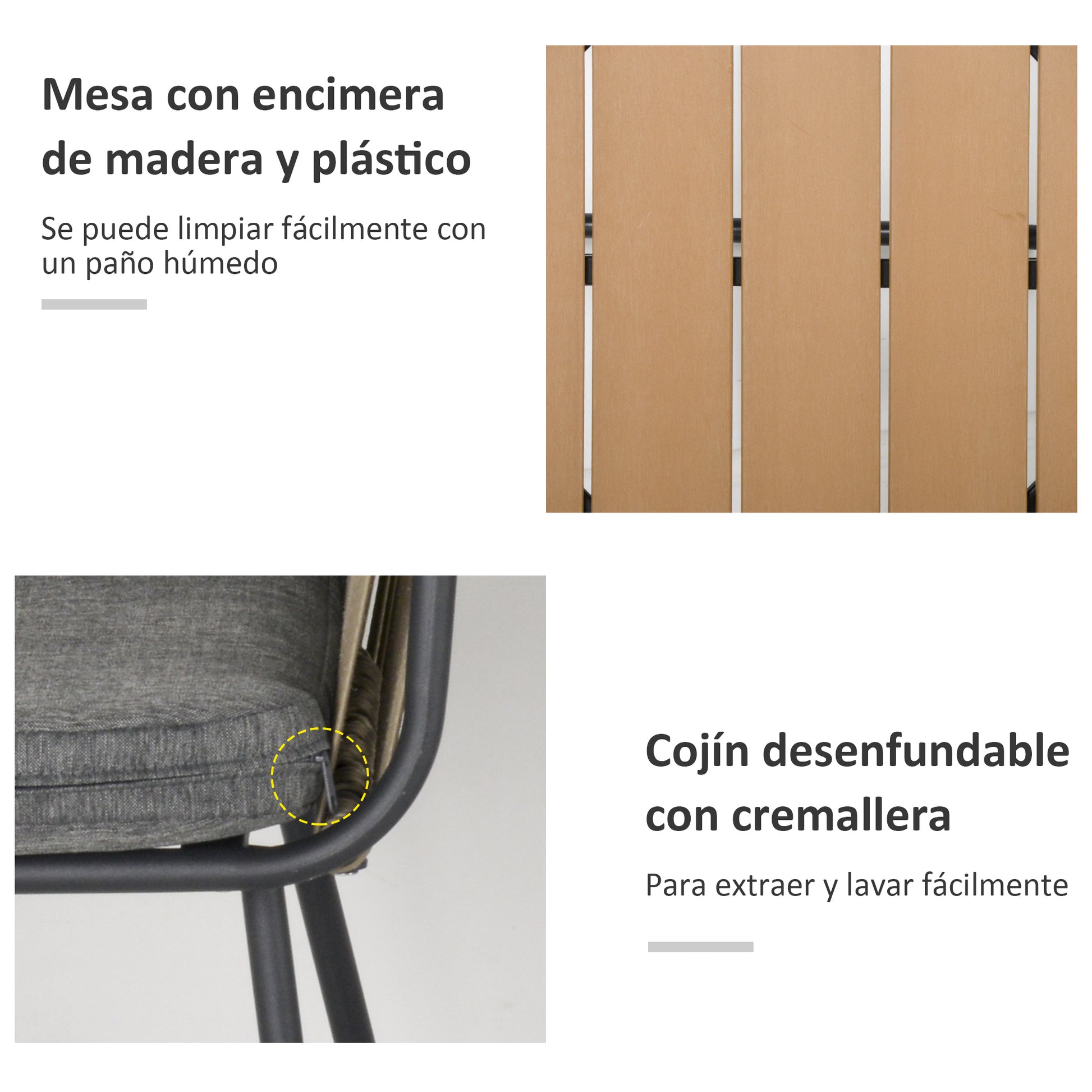 Outsunny Conjunto De Muebles De Ratán 1 Mesa Redonda Y 2 Sillas Con Cojines_5