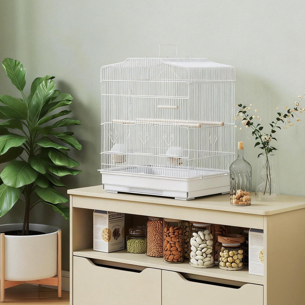 Pawhut Jaula Para Pájaros Con Puertas Comederos Y Bandeja 46,5x36x59 Cm Blanco_3