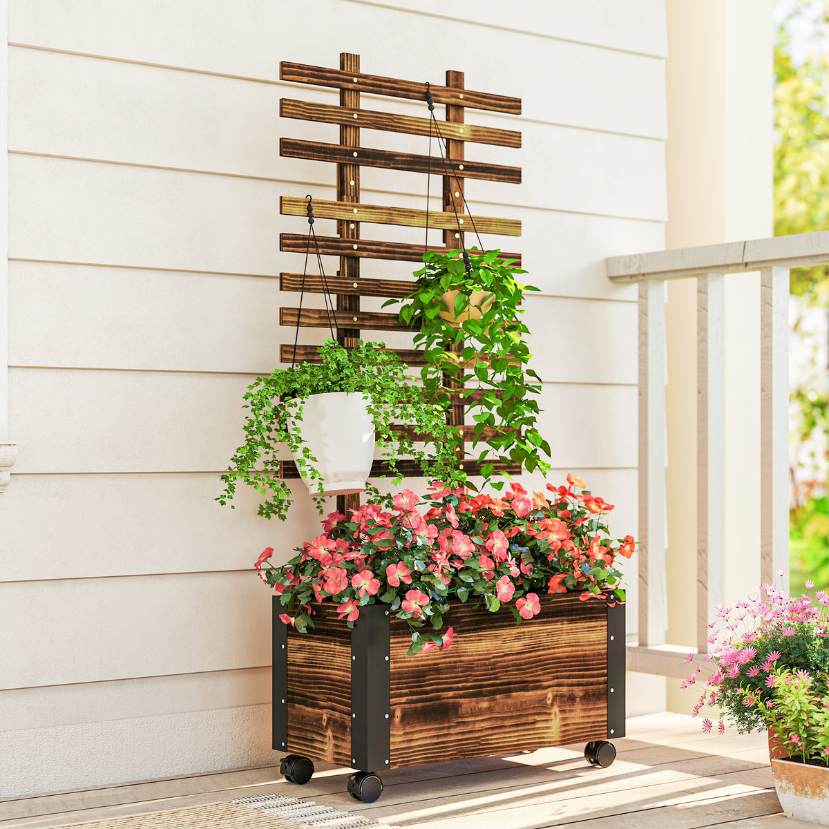 Outsunny Jardinera Con Ruedas Y Celosía 65x31x147 Cm Carbonizado_3