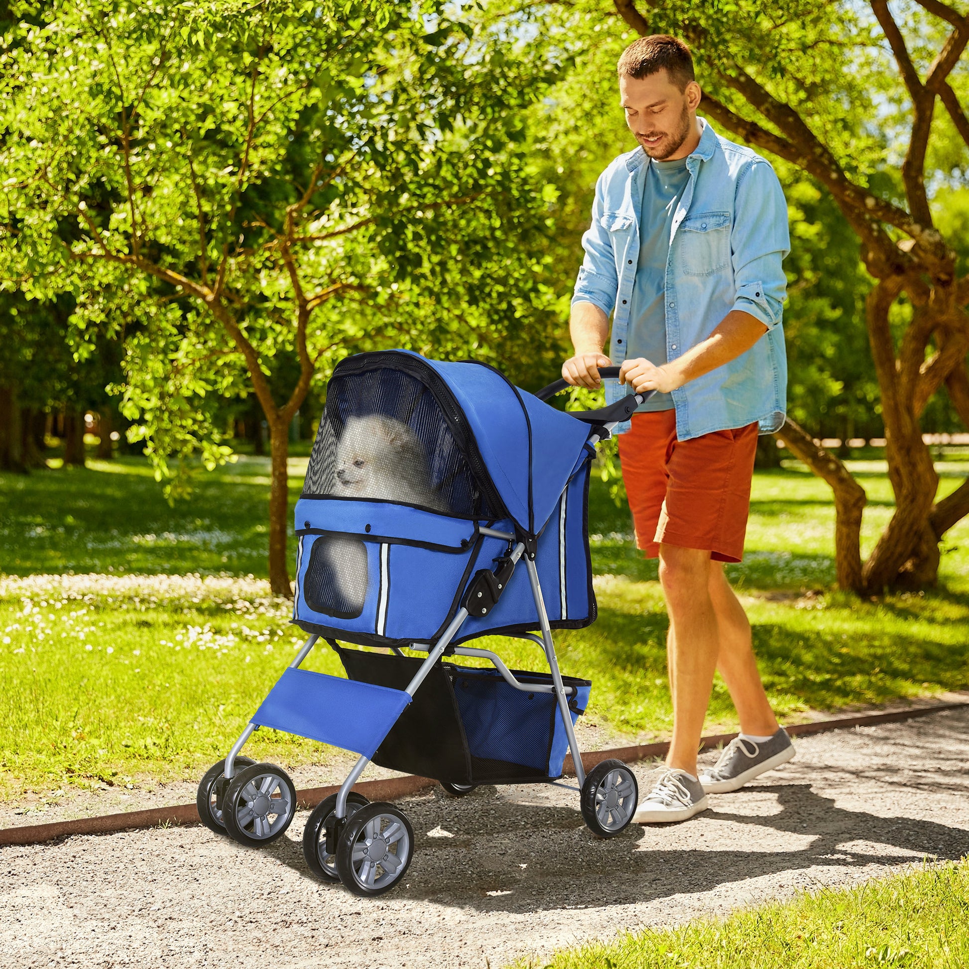 Pawhut Carrito Para Perros Plegable Con Toldo Ajustable 75x45x97 Cm Azul_1