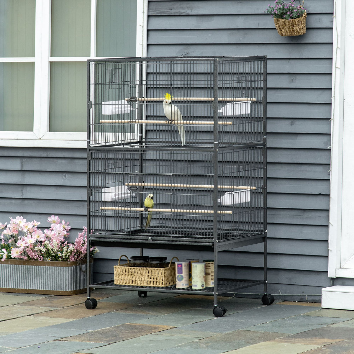 Pawhut Jaula Para Pájaros Con Ruedas 78x52x132 Cm Con Bandeja Extraíble Puertas_1
