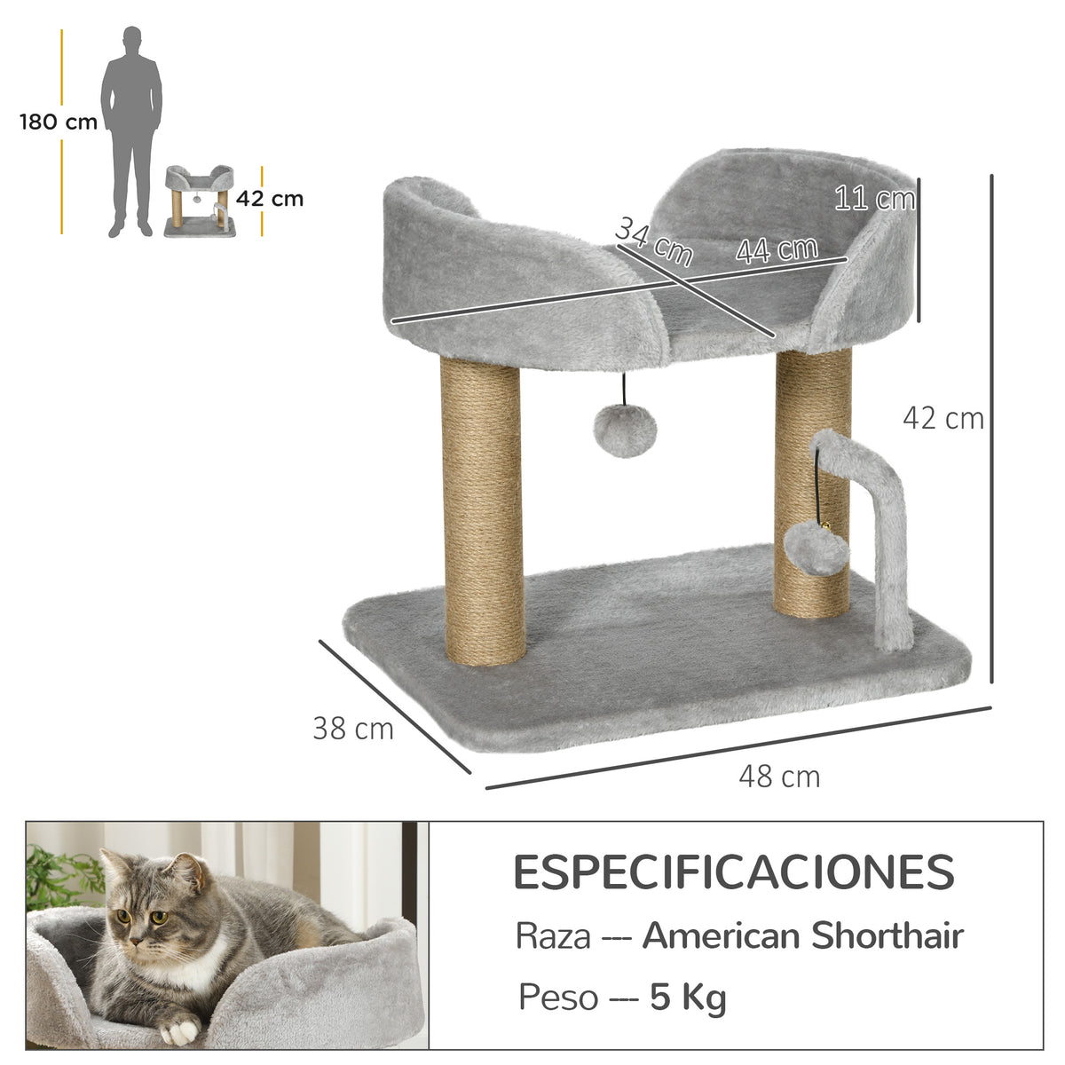 Pawhut Árbol Rascador Para Gatos Pequeños Altura 42 Cm 48x38x42 Cm Gris Claro_2
