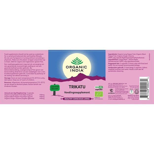 Trikatu Suplemento Ayurveda Orgánico Organic India 90 cápsulas