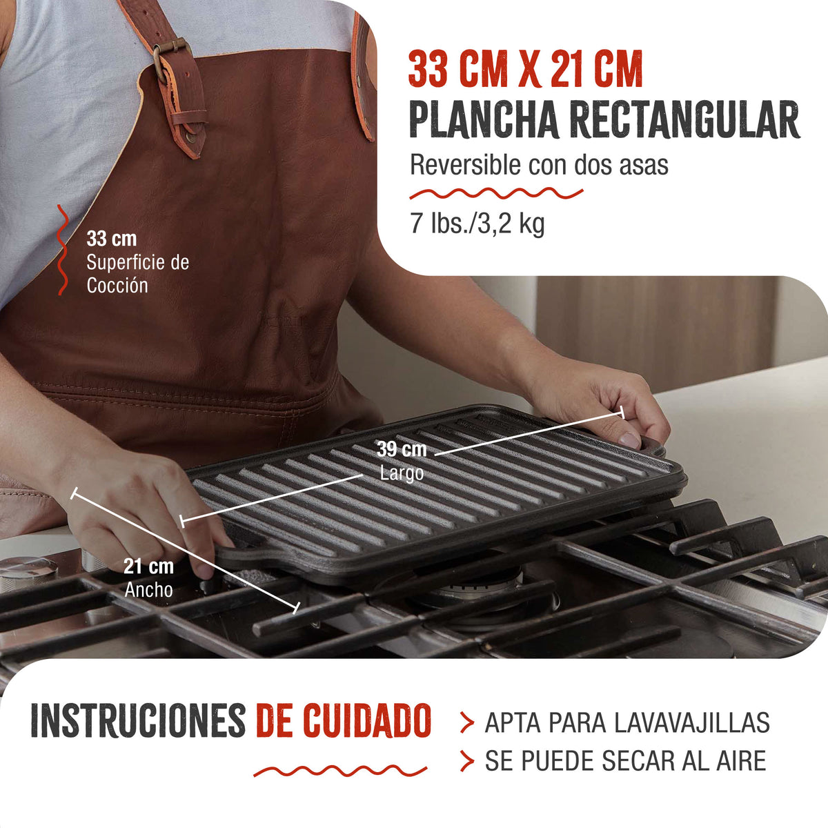 Victoria Plancha Cocina Hierro Fundido Esmaltado, Parrilla Reversible 33x21cm, Sin Pfoa, Fuego Barbacoa Sin Ptfe, 38793_4