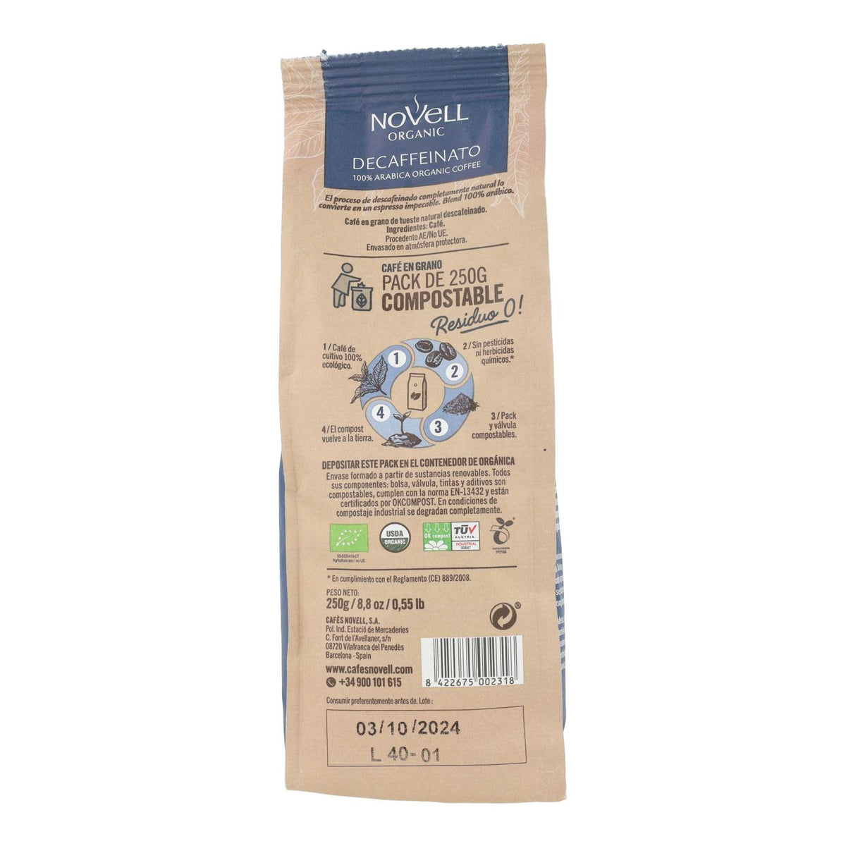 Café en grano ECO descafeinado 250 g