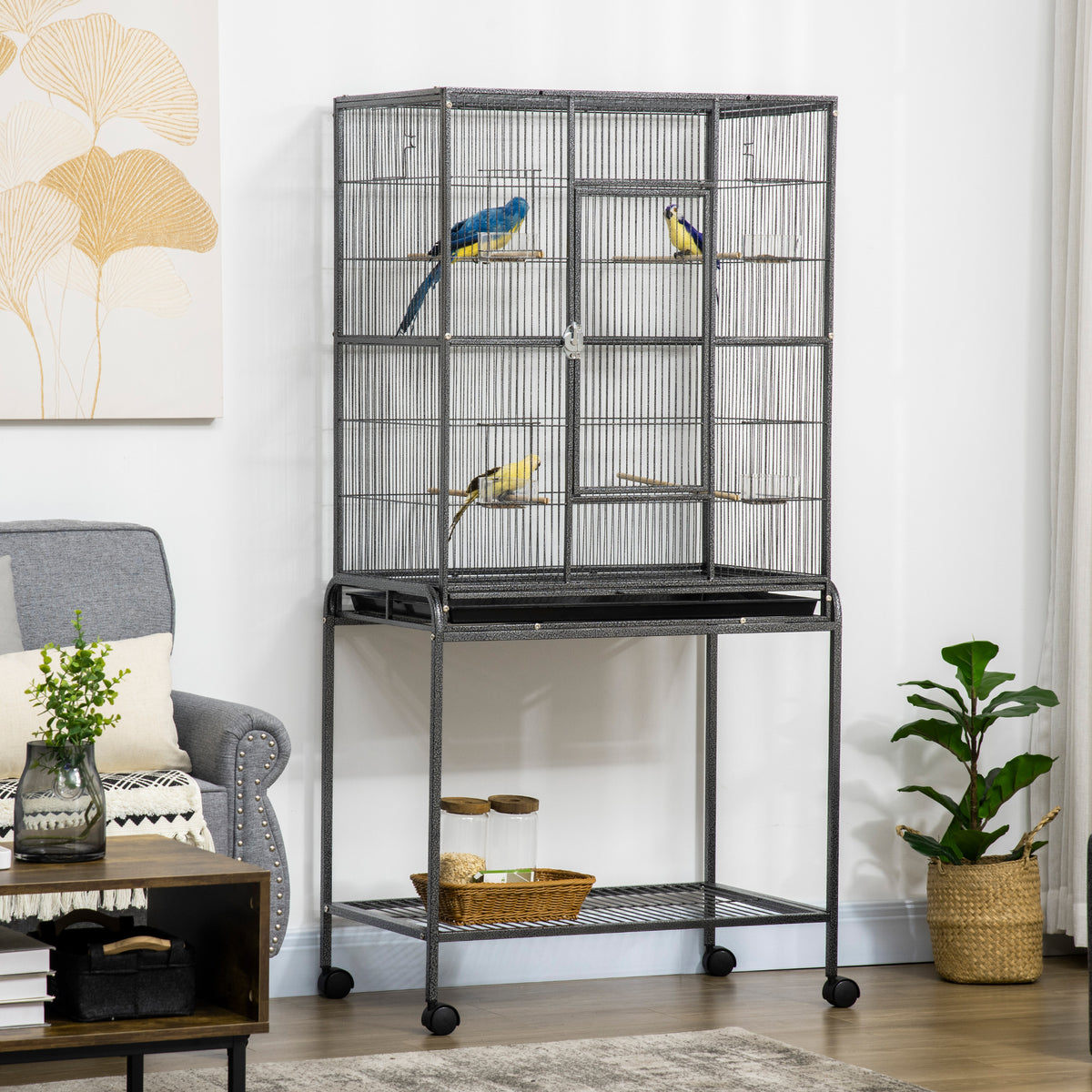 Pawhut Jaula Para Pájaros Con 4 Comederos Ruedas 81x48x162,5 Cm Negro Y Gris_1