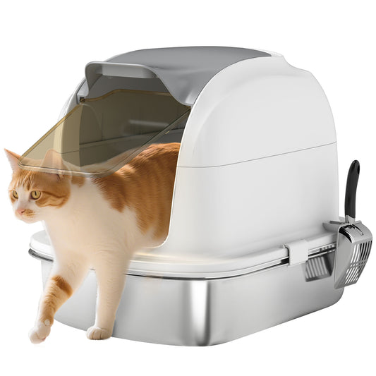 Pawhut Arenero Para Gatos De Acero Inoxidable Xl Con Tapa Abatible Pala Blanco_0
