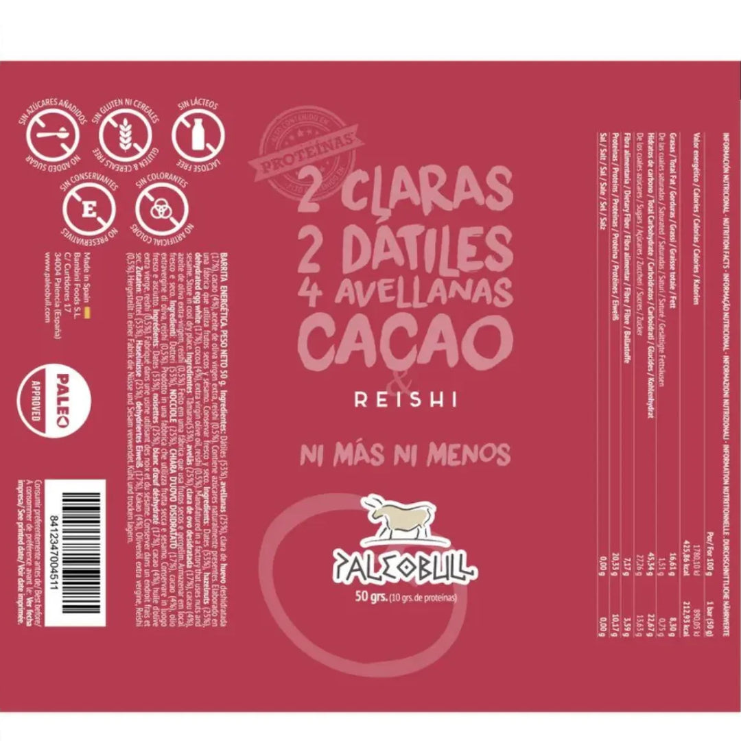 Pack 10 x Barrita energética dátiles, avellanas, Reishi y Cacao PaleoBull, 50 g