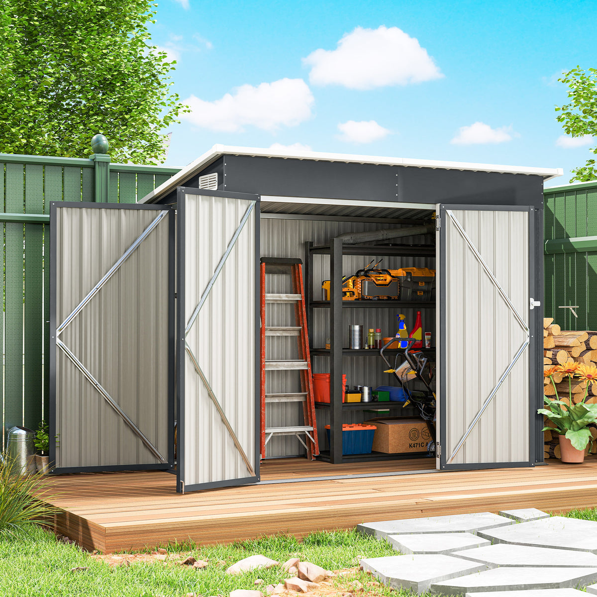 Outsunny Caseta De Jardín Exterior 2,7 M² 234x132x185 Cm Triple Puerta Gris_1
