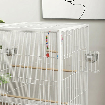 Pawhut Jaula Para Pájaros Con Ruedas Comederos Perchas 48x46x78 Cm Blanco_3