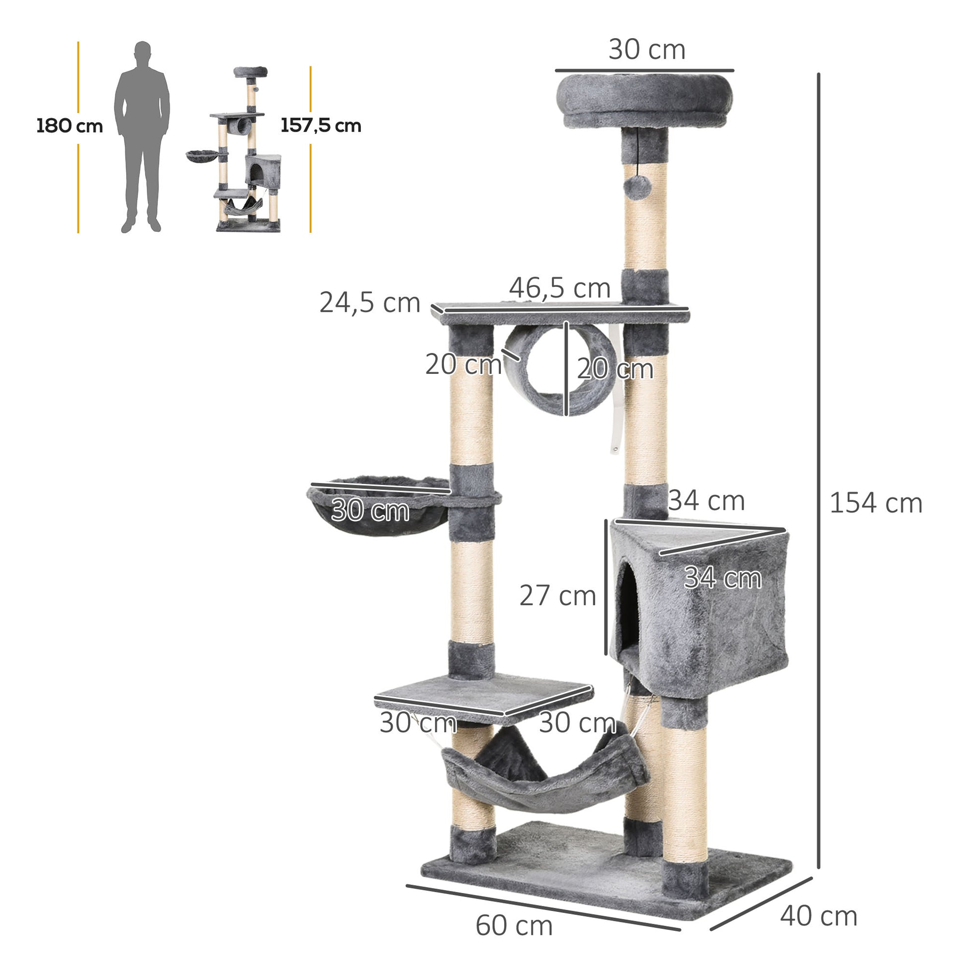 Pawhut Árbol Rascador Para Gatos 154 Cm Con Plataformas Túnel 60x40x154 Cm Gris_2
