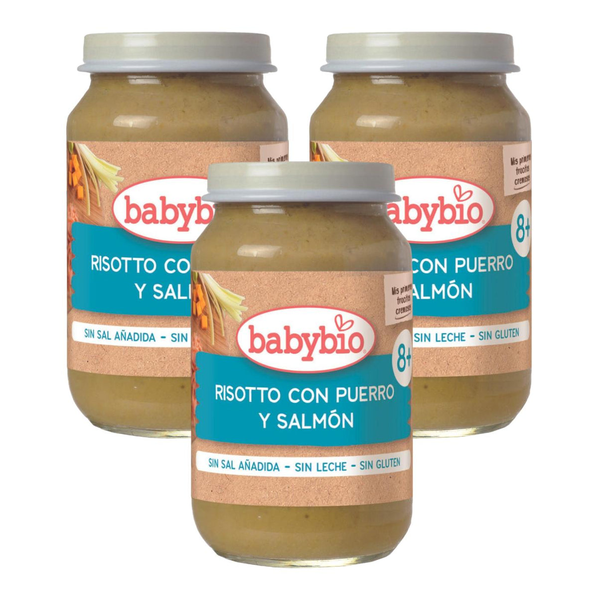 Pack 3 unidades potito de risotto con puerros y salmón Babybio 200 g
