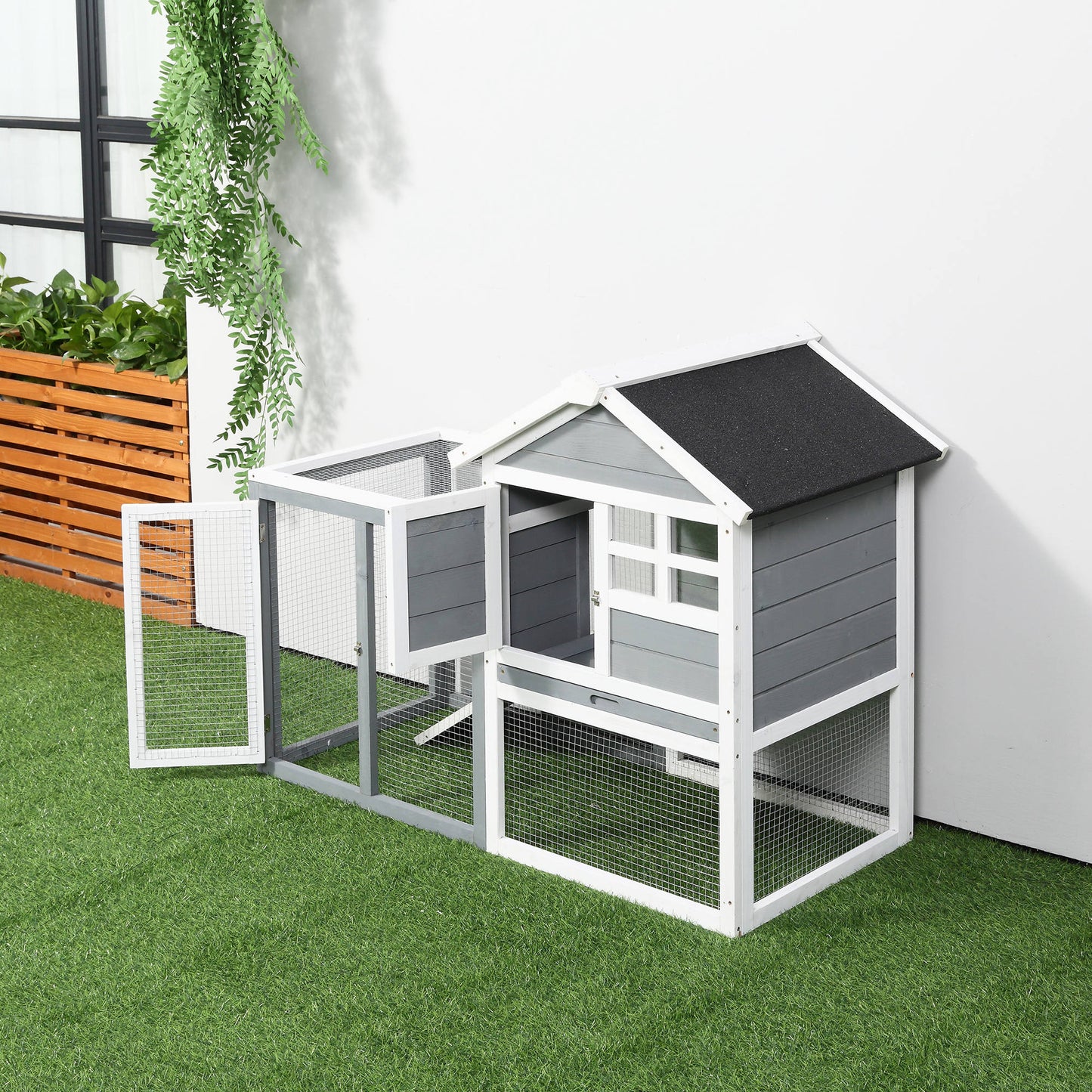Pawhut Conejera De Madera Con Zona Abierta Y Rampa 123,5x62,6x92,5 Cm Gris_1