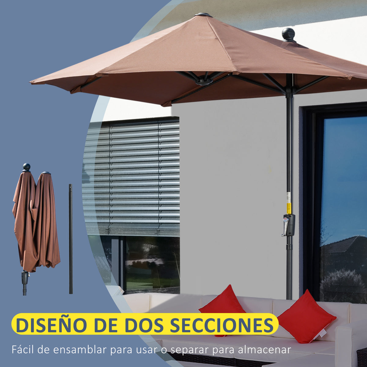 Outsunny Sombrilla De Pared Jardín 200x190x240cm Con Manivela Para Terraza Café_5